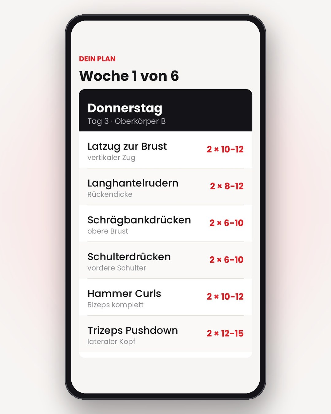 Ein fertiger Blueprint auf dem Handy, mit Trainingstag, Übungen und Begründungen