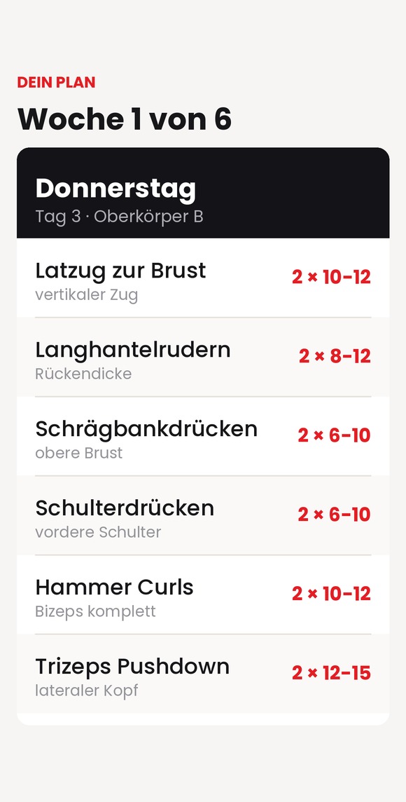 Ein Trainingstag mit Übungen, Sätzen und Begründung